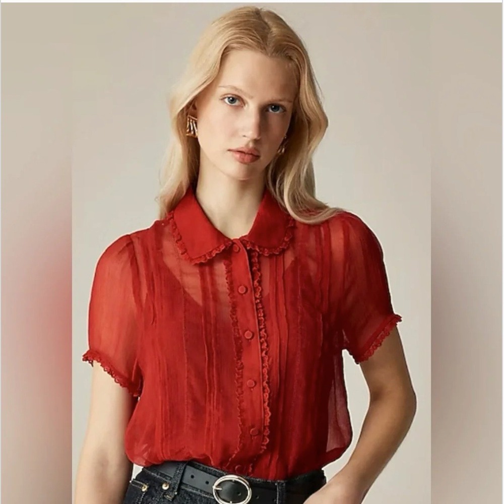 J.Crew Sheer Red Lace Trim Button Up Shirt Coquette Whimsy Dainty Size 10